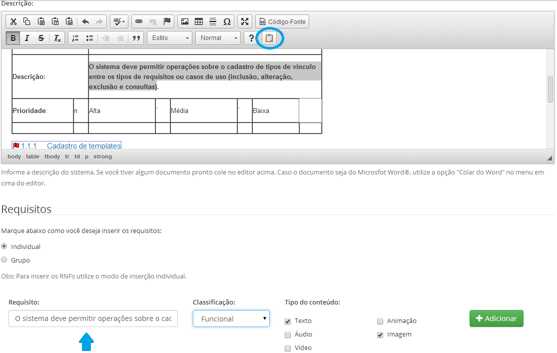 Requisito individual a partir do editor de texto (Imagem)